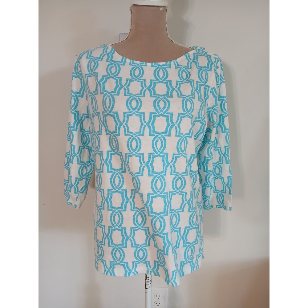 Chicos 2 Turquoise White Geometric Print Cotton Slub Knit Top Large Modest